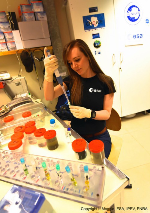 Dr Beth Healey testing water from the 'grey water' recycling machine in Antarctica (a prototype for the one used on the ISS) - from http://www.esa.int/Our_Activities/Human_Spaceflight/Concordia/Scientific_spring_in_isolated_Antarctica