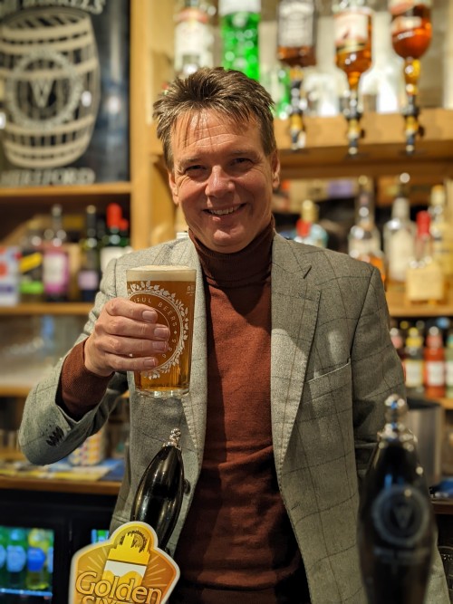 Launch of Golden 50 at the Barrels - first pint pulled and drunk by Peter Cooper, Executive Principal Hereford Sixth Form College.