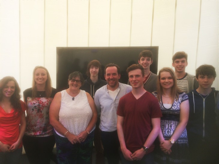 Pictured L- R: Emily Grossman (Broadcaster), Heather Lacy (Jaguar/Land Rover), Professor Monica Grady (Open University), Taliesin Chalkley, Ben Miller (actor), Morgan Walters, Sam Spedding, Fleur Hodges, Luke Baker and Joe Papworth