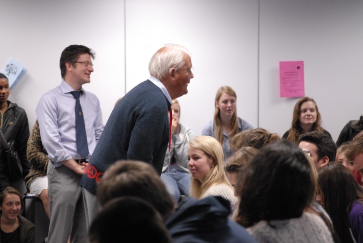 Visiting speaker, Bruce Kent answers questions from the floor