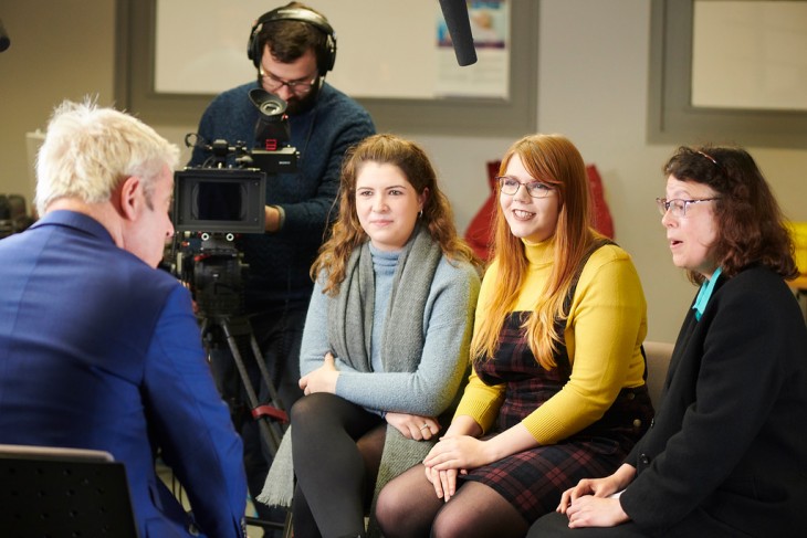Students, Jessica Potter and Jessica Kieran and Paula Keaveney, Lecturer in Public Relations, interview John Bercow | Photo credit: Edge Hill University
