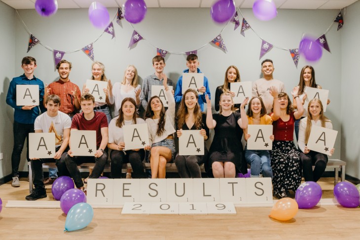 Students on Results Day 2019 celebrating A* and A grades.