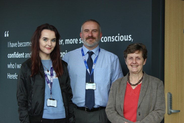 Pictured L-R: Anthea McIntyre MEP, Kitty Cook (studying A Levels in Classical Civilisation, English Language and Government & Politics), John Pratt, Director of Studies