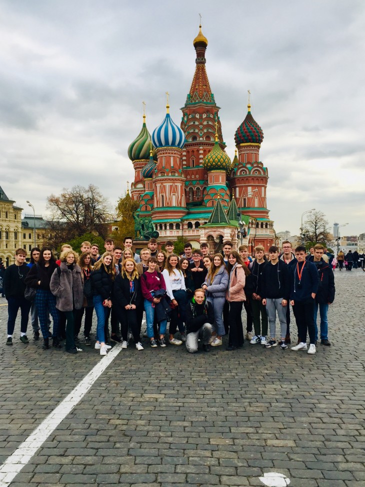 Students in front of St Basil's Cathedral in Red Square, Moscow