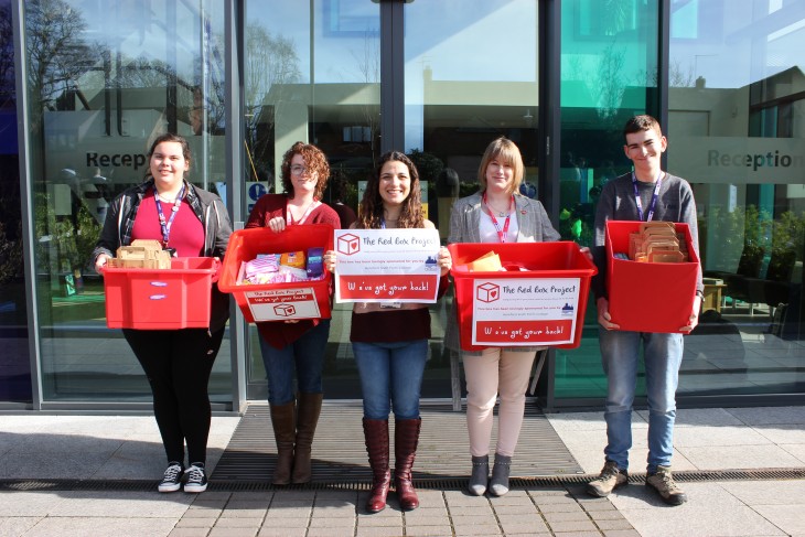 Pictured L-R: Phoebe Spencer (student), Sam Marsh (Red Box Project Hereford), Lana Silk (College Chaplain) and Ed Ceney (student)