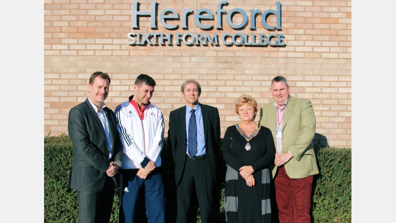 L-R: Mark Abberley (Chief Executive of the ABA), Scott Fitzgerald (Commonwealth Boxer), Jonathan Godfrey (Principal), Julie Bolton (President of Hereford Rotary Club), Peter Bolton (Rotarian)