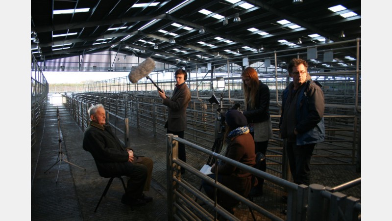 The crew, with Liam Rushton and Bethany Fitter of HSFC on sound and camera, filming Cecil Pritchard at the new livestock market - Photo: Julia Goldsmith