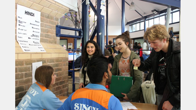 Students had the chance to learn new languages: here a group of students have a go at Hindi!